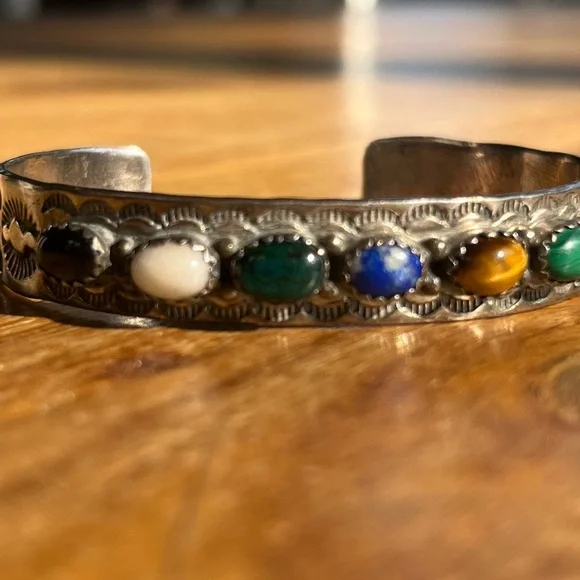 Native American VINTAGE Jerry Bahe Bracelet 6” Multi‎ Stone SSilver cuff 20.43g
